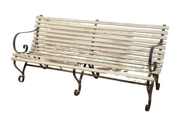 A WROUGHT IRON AND PAINTED WOOD GARDEN BENCH