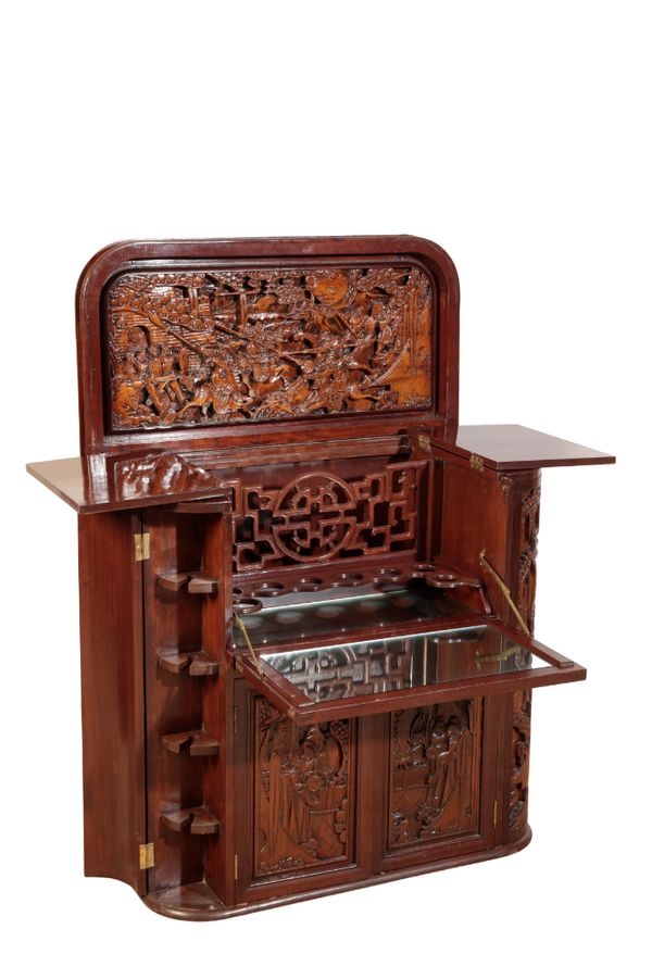 A RELIEF CARVED CHINOISERIE DRINKS CABINET