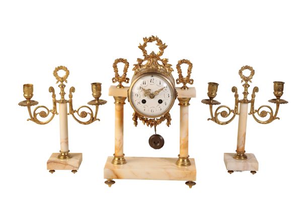 A LATE 19TH CENTURY FRENCH MANTEL CLOCK AND GARNITURE