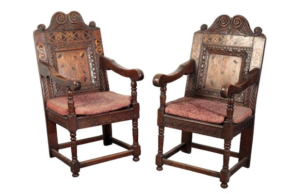 A PAIR OF CHARLES II STYLE OAK AND MARQUETRY WAINSCOT CHAIRS