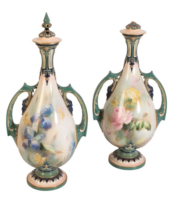 A LARGE PAIR OF HADLEY'S WORCESTER PEDESTAL VASES