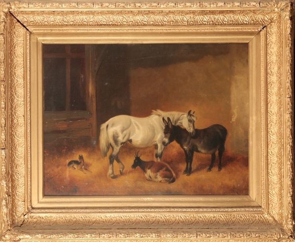 JOHN ALFRED WHEELER (1821-1903) A horse, donkey, goat and dog in a stable interior