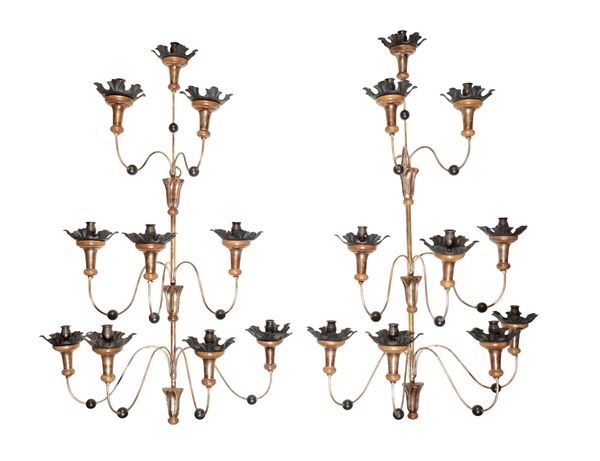 A PAIR OF GILTWOOD AND METAL TEN-LIGHT WALL APPLIQUES