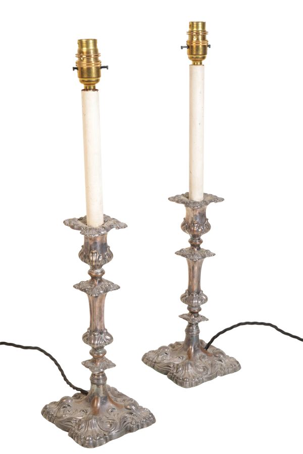 A PAIR OF SILVER PLATED CANDLESTICK TABLE LAMPS