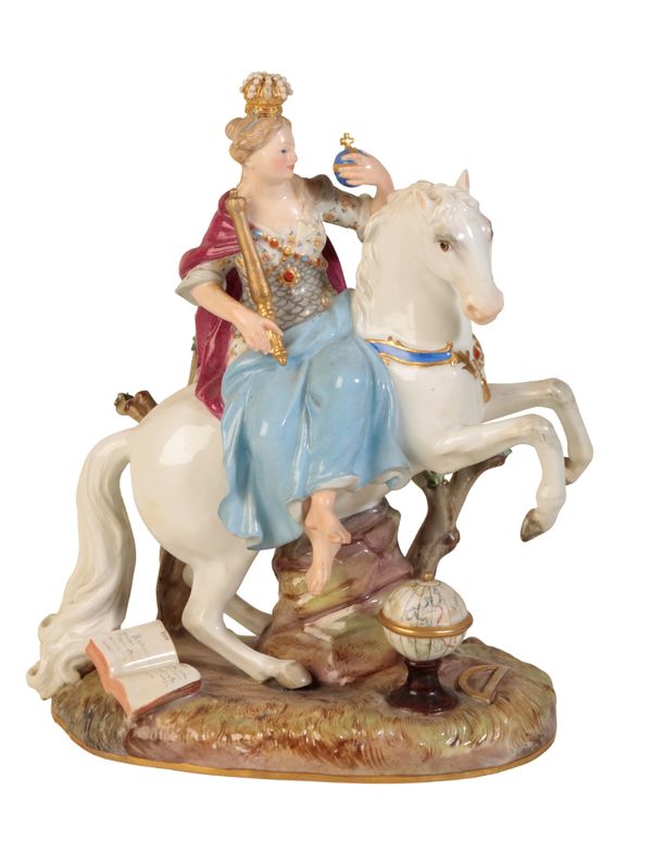 A MEISSEN FIGURE OF LADY RIDING SIDE SADDLE ON A WHITE HORSE
