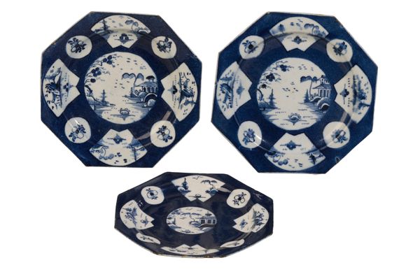 THREE FIRST PERIOD WORCESTER FAN-PANELLED LANDSCAPE DESSERT PLATES,