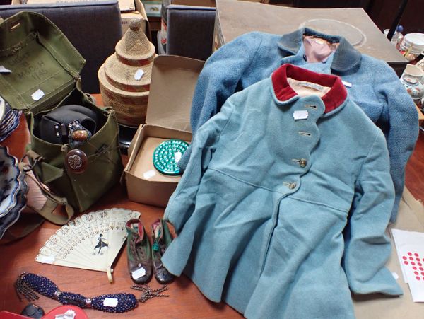 TWO VINTAGE CHILDRENS COATS AND TWO GASMASKS