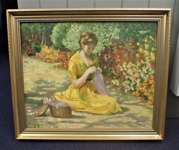 ROY WEAVER: LADY SEWING IN GARDEN