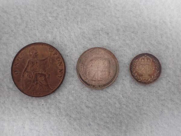 VICTORIA 1891 SHILLING, FOURPENCE 1897, AND PENNY 1898