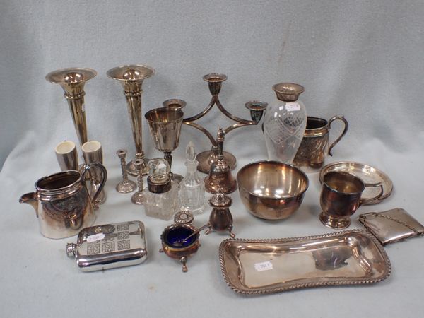 A SLIVER RIMMED GLASS VASE AND OTHER PLATED ITEMS