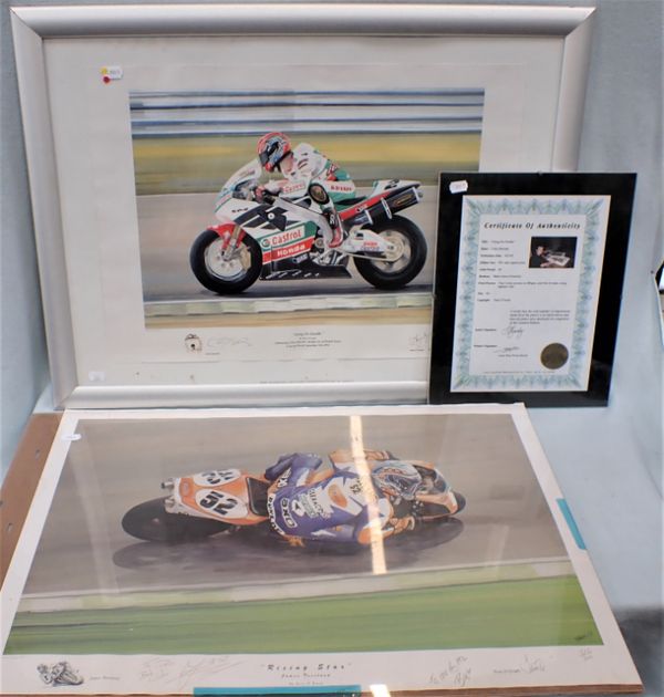 A FRAMED WATERCOLOUR PRINT 'GOING FOR DOUBLE' SIGNED BY COLIN EDWARDS AND ANOTHER SIMLIAR