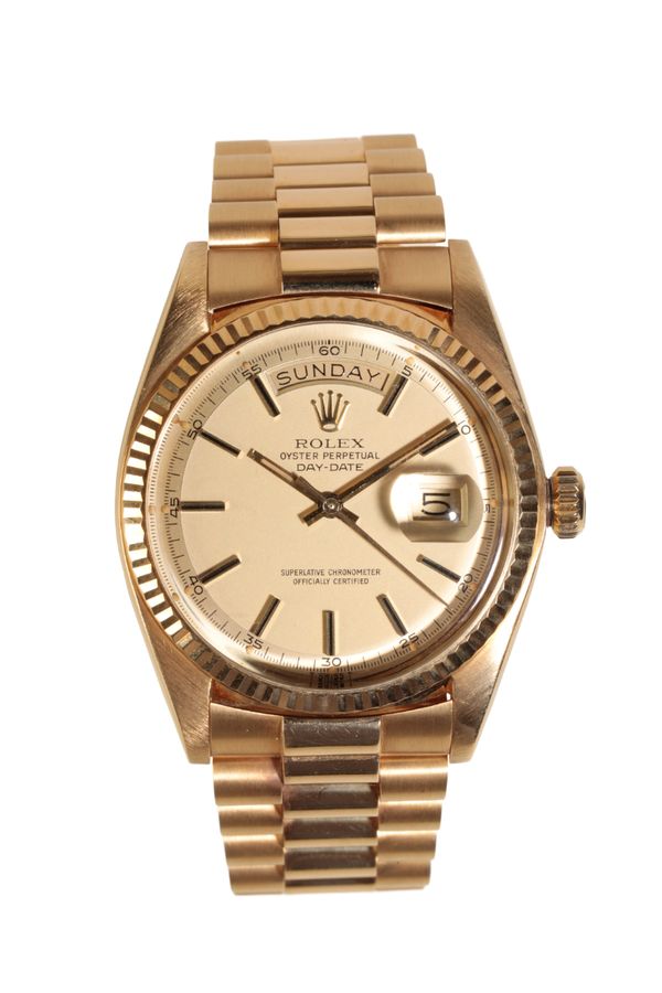 A ROLEX OYSTER PERPETUAL DAY-DATE 18CT GOLD GENTLEMAN'S BRACELET WATCH