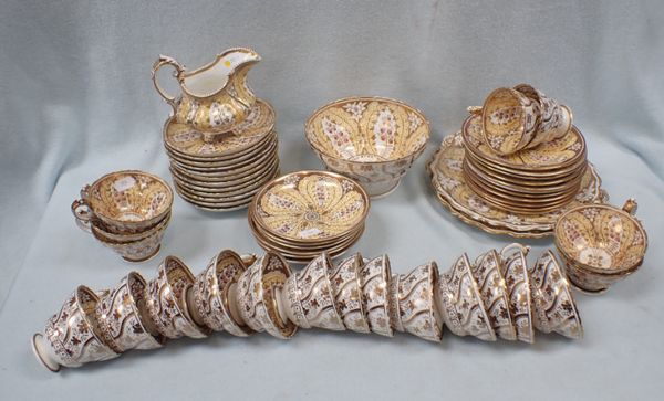 A 19TH CENTURY PART TEASET, ALLOVER GILT AND PAINTED