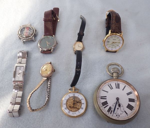 A ROLLED GOLD WRISTWATCH AND A GOLIATH POCKET WATCH