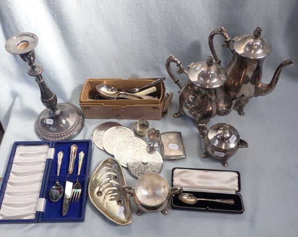 A SILVER SPOON CASED AND OTHER PLATED ITEMS