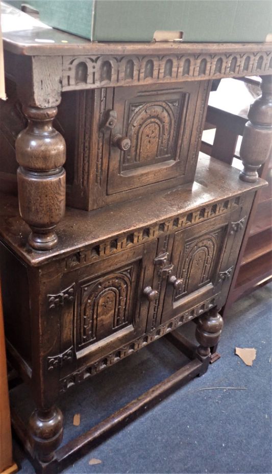 A 17TH CENTURY STYLE OAK DWARF 'COURT CUPBOARD'