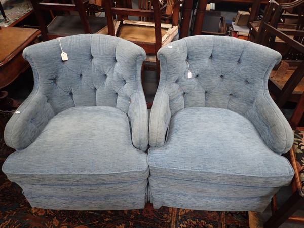 A PAIR OF UPHOLSTERED REVOLVING TUB ARMCHAIRS