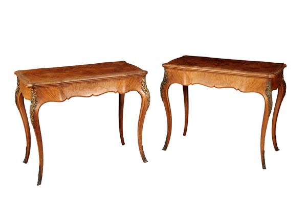 A PAIR OF VICTORIAN BURR WALNUT CARD TABLES  OF LOUIS XV STYLE