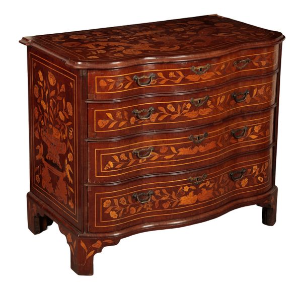 A DUTCH WALNUT AND FLORAL MARQUETRY SERPENTINE COMMODE