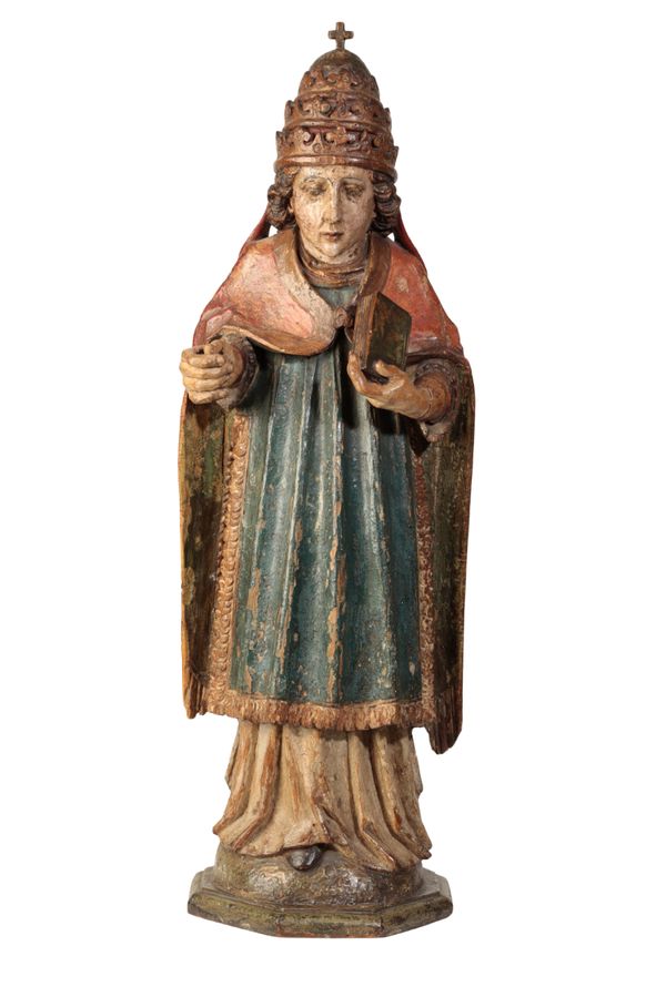 A POLYCHROME-DECORATED CARVED LIMEWOOD FIGURE OF A POPE Probably late 16th century,