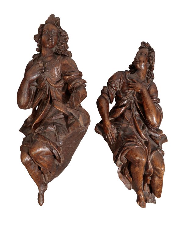 TWO CARVED OAK FEMALE FIGURES, PROBABLY ANGELS