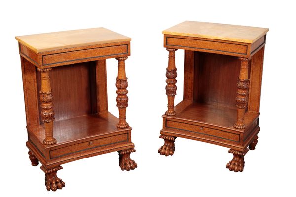 A PAIR OF GEORGE IV AMBOYNA AND MAHOGANY PIER TABLES