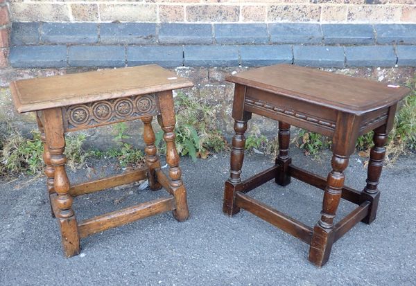 TWO REPRODUCTION OAK JOINT STOOLS