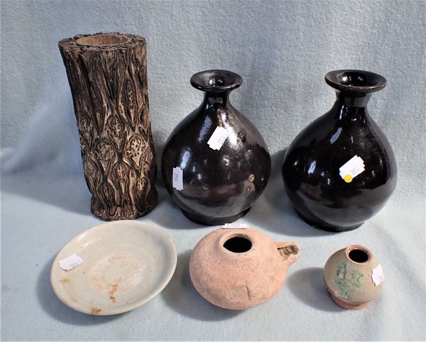 A PAIR OF ORIENTAL BROWN-GLAZED BOTTLE VASES