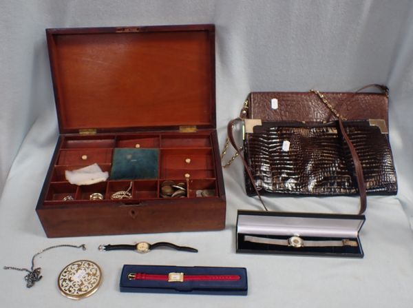 A 19TH CENTURY JEWELLERY BOX AND OTHER ITEMS