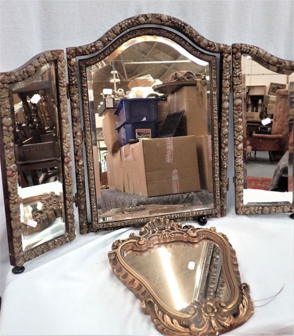 A MOULDED AND PAINTED COMPOSITION TRIPLE DRESSING TABLE MIRROR