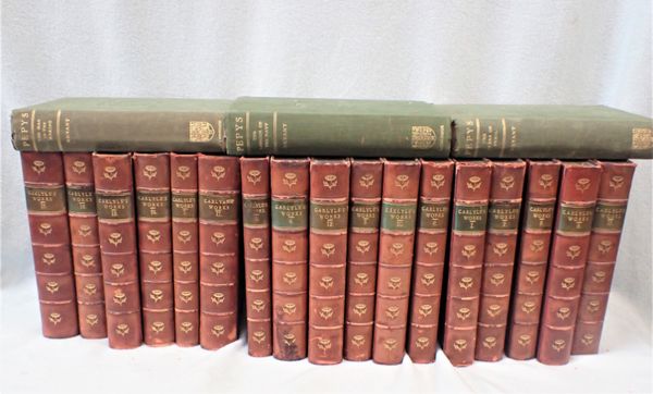 THOMAS CARLYLE: A SET OF WORKS,  HALF-CALF WITH MARBLED BOARDS