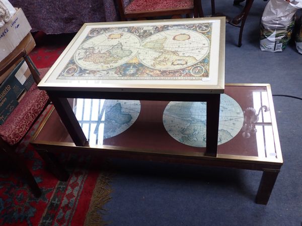 A HARDWOOD FRAMED MAP-TOPPED COFFEE TABLE