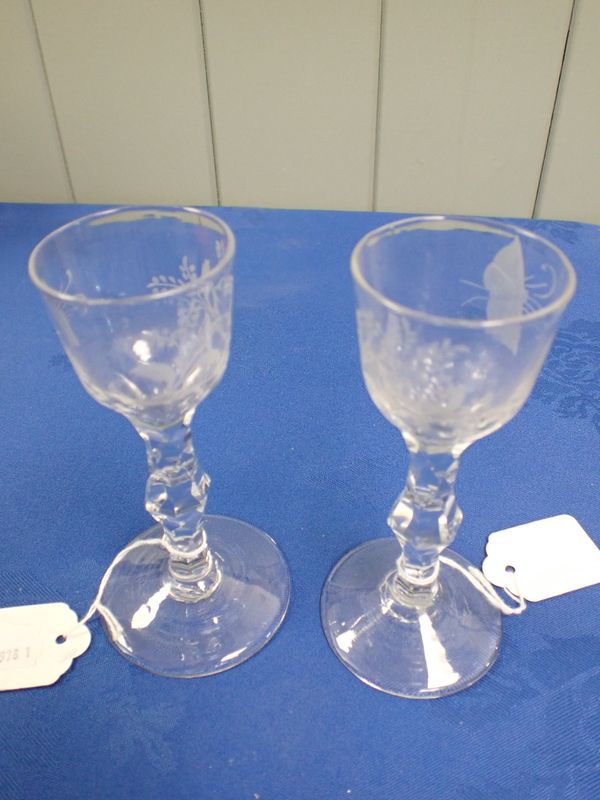 TWO ENGRAVED CORDIAL GLASSES