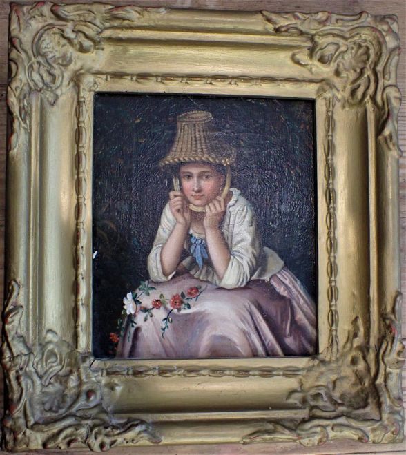 PORTRAIT OF GIRL WITH BASKET ON HEAD, OIL ON CANVAS