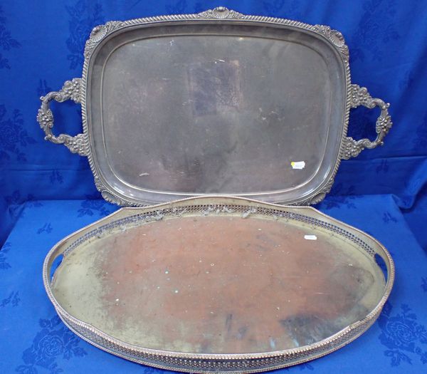 A SILVER-PLATED TRAY, WITH CAST BORDER AND HANDLES