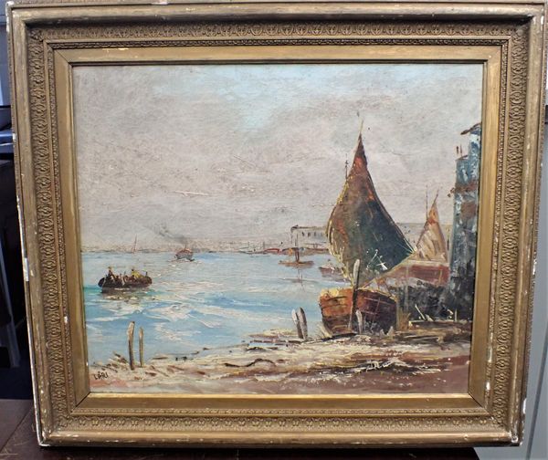 OIL ON CANVAS, SHIP IN A HARBOUR