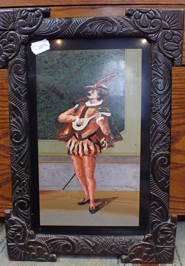 A PIETRA DURA MUSICIAN IN A CARVED WOODEN FRAME