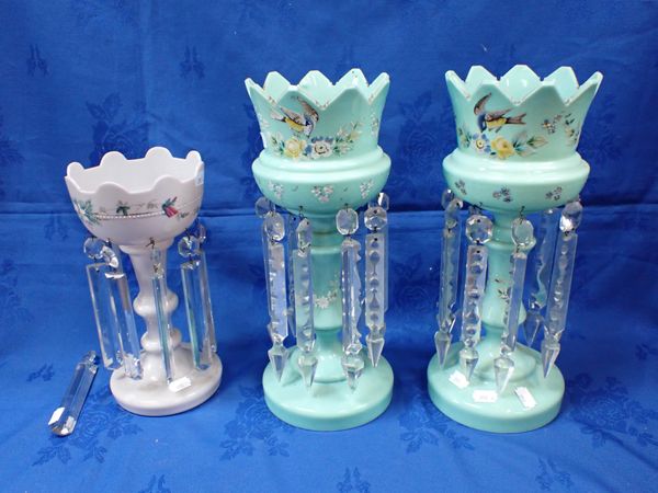 A PAIR OF VICTORIAN OPALINE GLASS LUSTRES