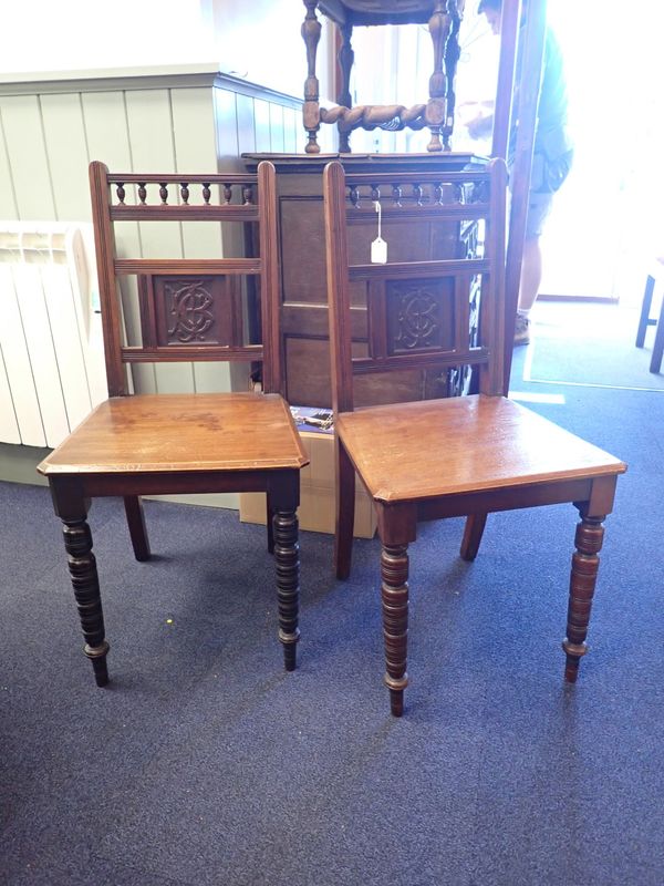 A PAIR OF 19TH CENTURY  'AESTHETIC' STYLE MAHOGANY HALL CHAIRS