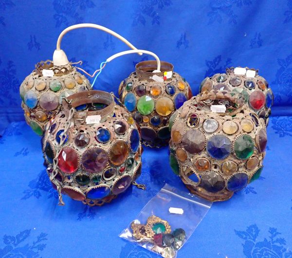 FIVE MIDDLE EASTERN STYLE PRESSED 'JEWELLED' HANGING LAMPS