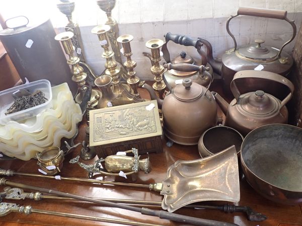 TWO PAIRS OF VICTORIAN BRASS CANDLESTICKS