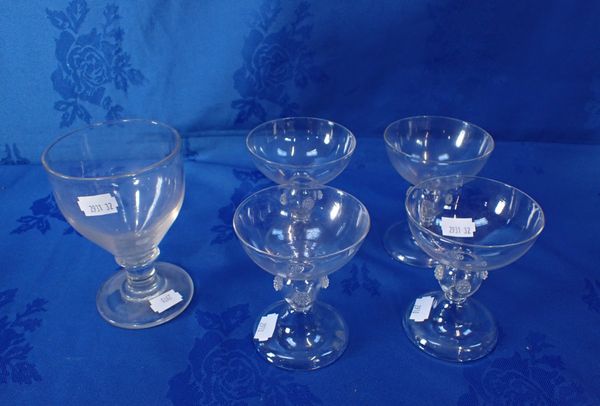 FOUR VENETIAN CHAMPAGNE GLASSES, A VICTORIAN GLASS RUMMER