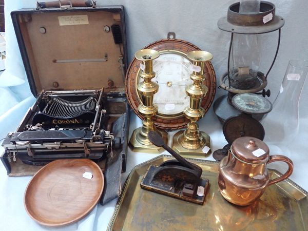 AN ANEROID BAROMETER, BRASS CANDLESTICKS