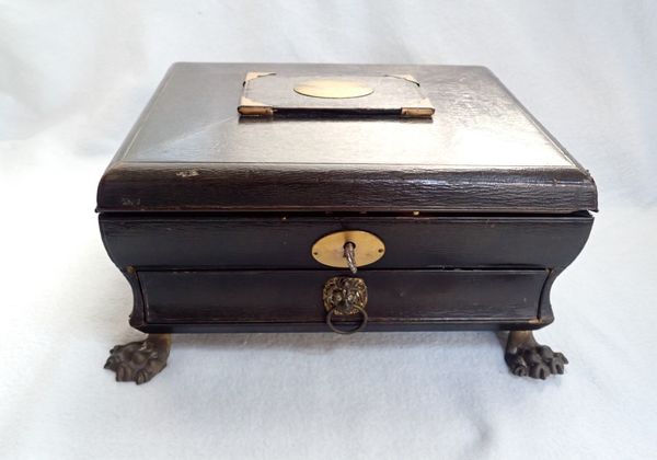 A 19TH CENTURY LEATHER-COVERED WORKBOX