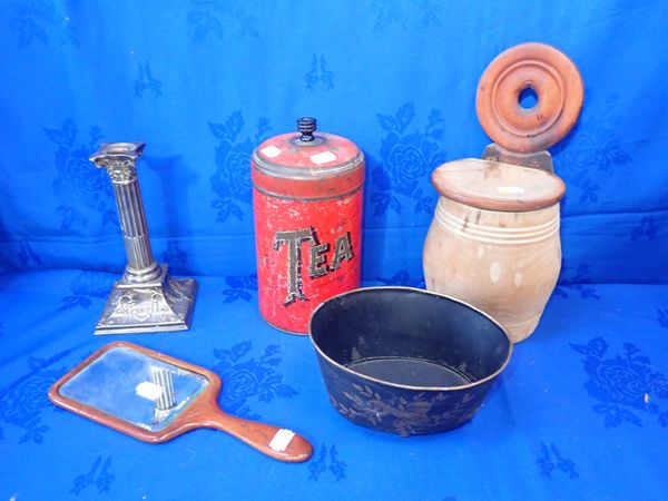 A WOODEN SALT BOX, TIN TEA CANISTER AND OTHER ITEMS