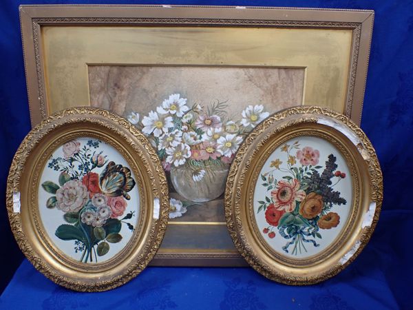 A PAIR OF 19TH CENTURY OIL ON TIN FLORAL PAINTINGS