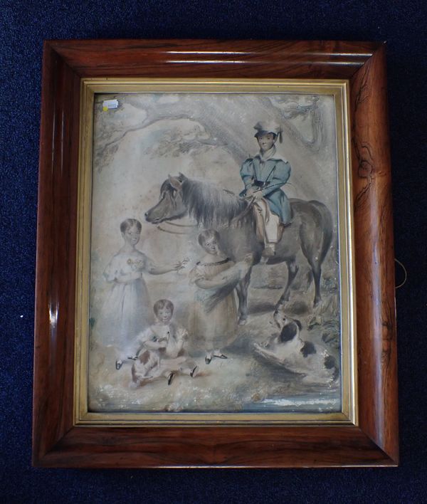 A 19TH CENTURY WATERCOLOUR OF CHILDREN AND A HORSE