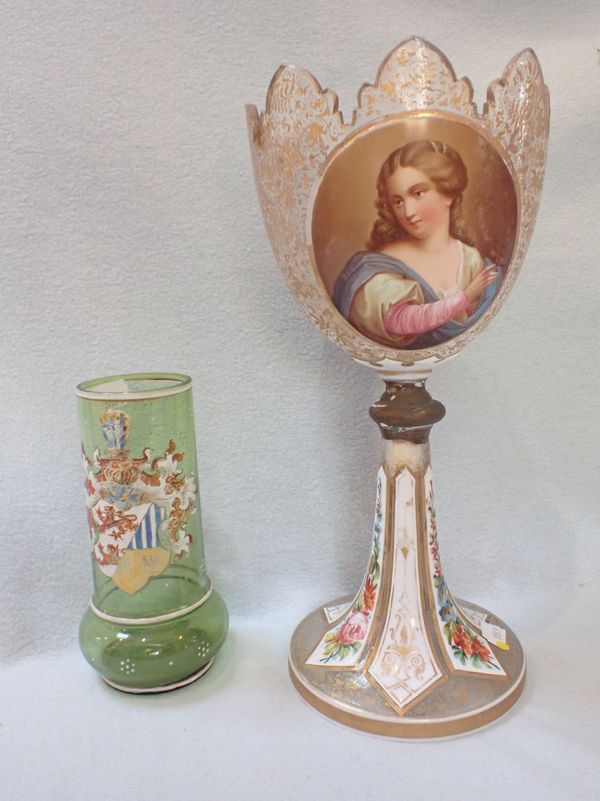 A LARGE BOHEMIAN GLASS CUP, PAINTED, WITH GILT DECORATION