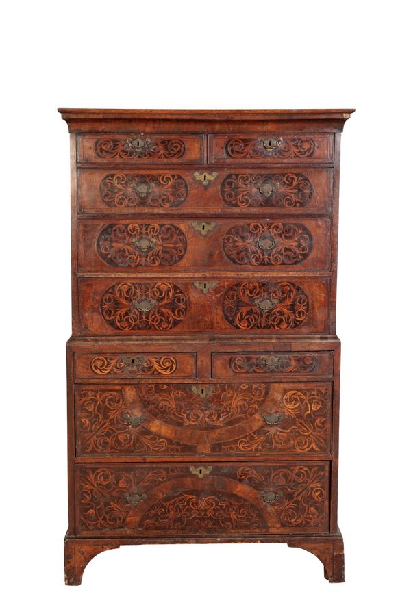 A WILLIAM AND MARY WALNUT AND SEAWEED MARQUETRY CHEST ON CHEST