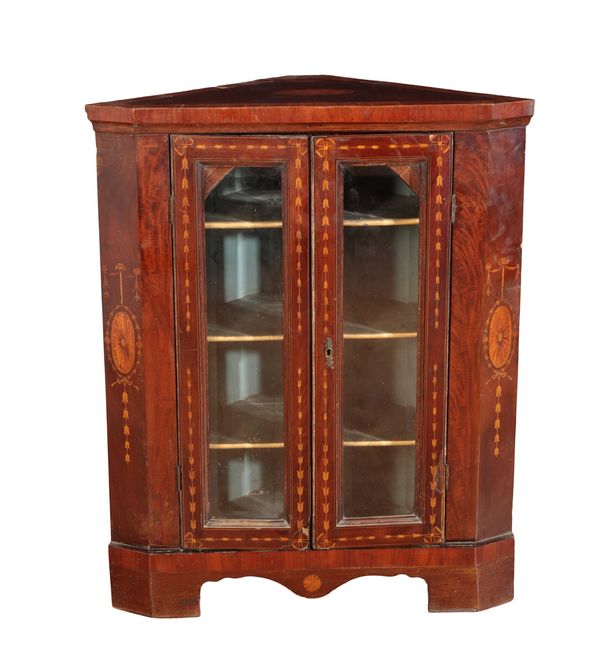 A GEORGE III MAHOGANY AND MARQUETRY CORNER CABINET